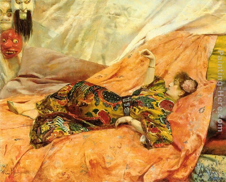 A Portrait of Sarah Bernhardt, reclining in a chinois interior painting - Georges Antoine Rochegrosse A Portrait of Sarah Bernhardt, reclining in a chinois interior art painting